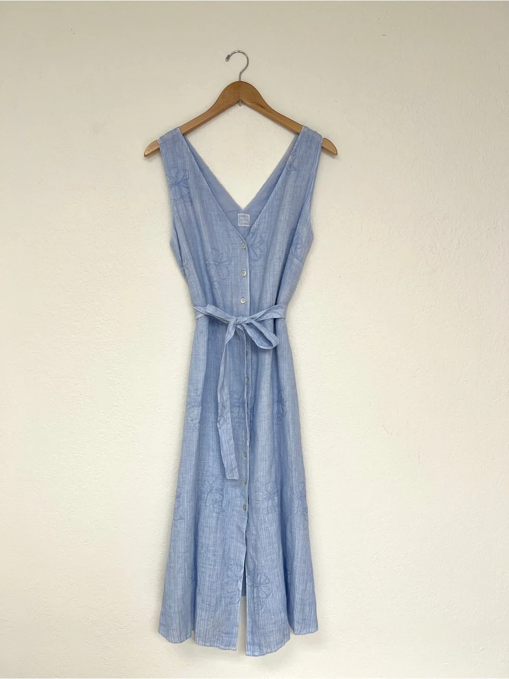 120% LINO dress / light blue V neck sleeveless belted midi / size 10 - Picture 1 of 7
